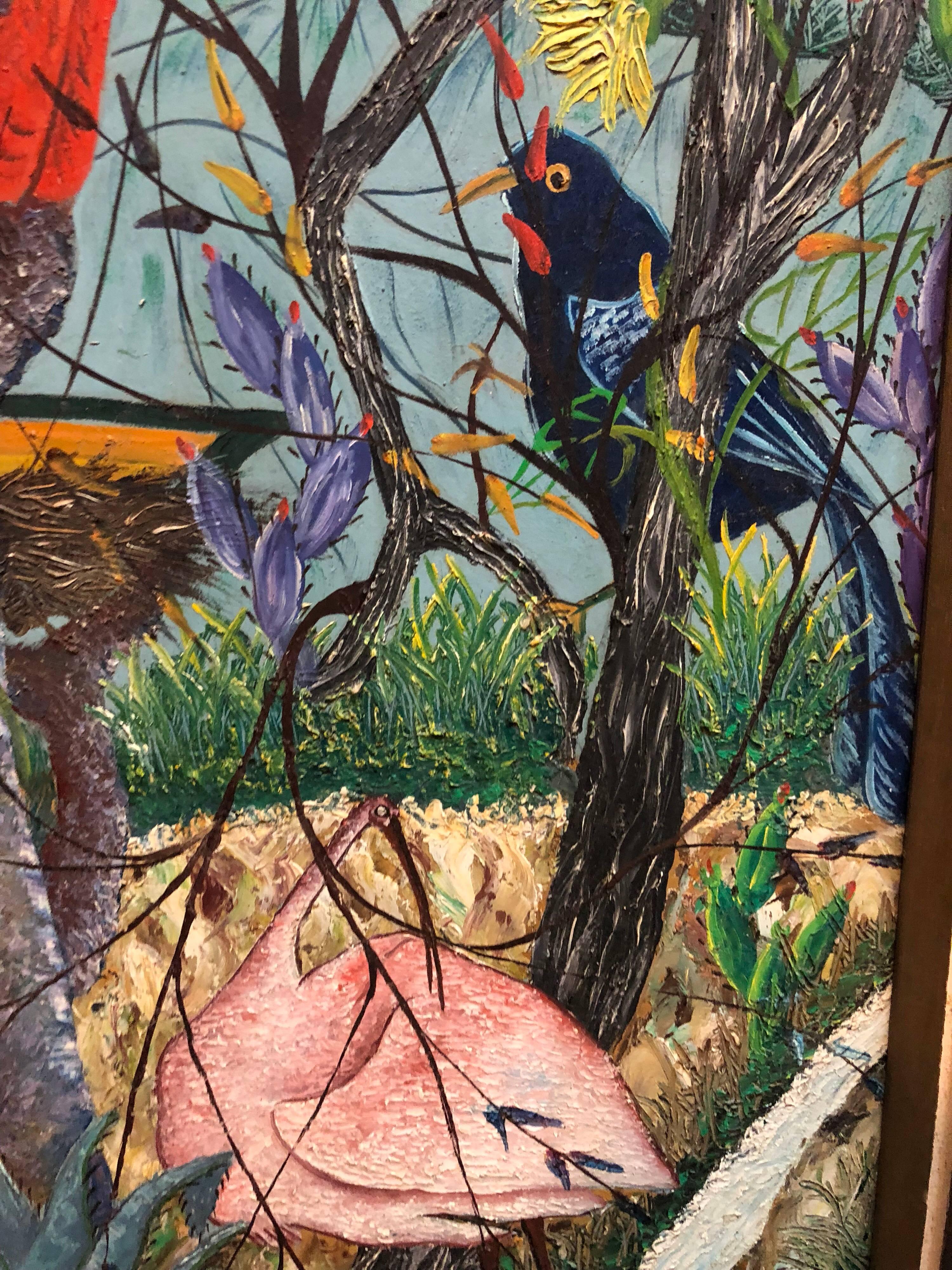 Large Haitian Naive Exotic Birds Tropical Jungle Oil Painting - Black Landscape Painting by Gesner Abelard