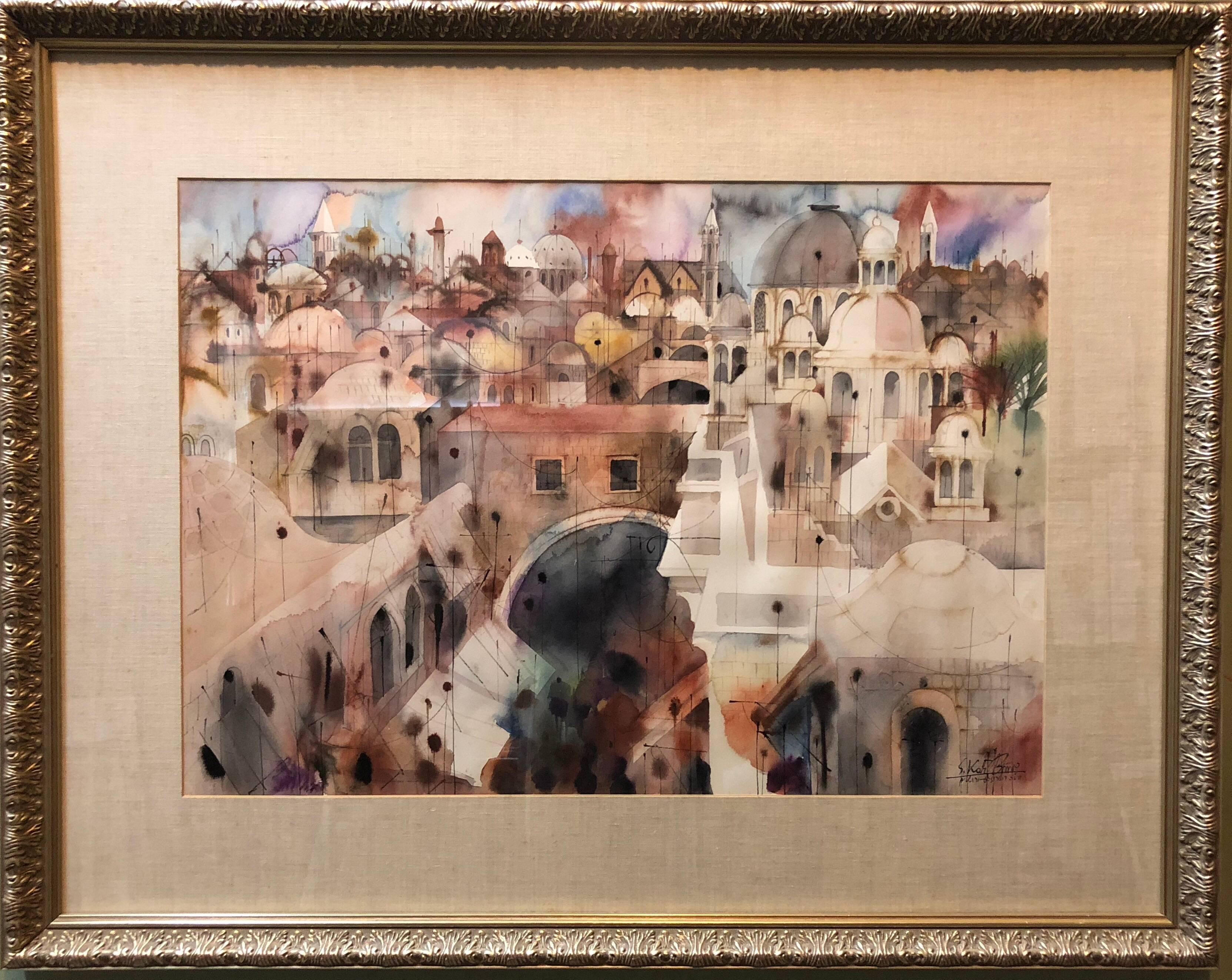 Old City Jerusalem Landscape Original Israeli Judaica Watercolor Painting - Art by Shmuel Katz