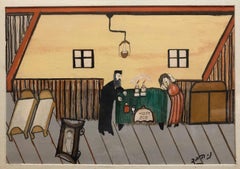 Israeli Judaica Shtetl Family Shabbat Scene Naive Art Oil Painting