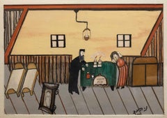 Vintage  Israeli Judaica Shtetl Family Shabbat Scene Naive Art Oil Painting