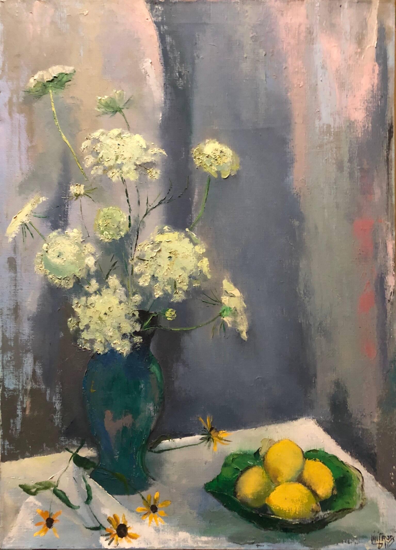 Lili Gross Figurative Painting - Still Life with Lemons and Flowers Modernist c1940s Oil Painting