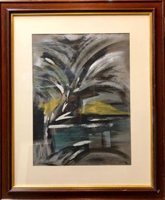 Abstract Landscape with Palm Tree Judaica Gouache Painting