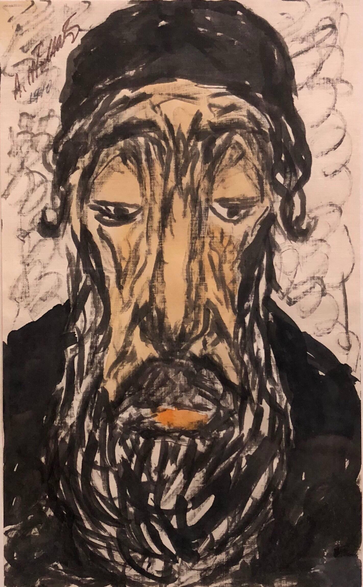 Abraham Walkowitz Figurative Art - Modernist Watercolor Painting, Portrait of a Man, the Rabbi
