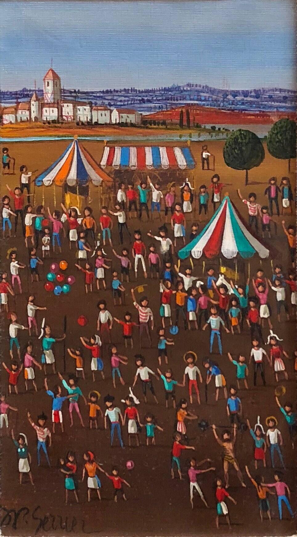 French Surrealist Circus Tents Scene, Children with Balloons Oil Painting