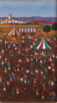 French Surrealist Circus Tents Scene, Children with Balloons Oil Painting