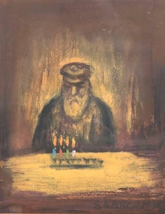 Vintage Judaica Pastel Painting Lighting the Chanukah Menorah