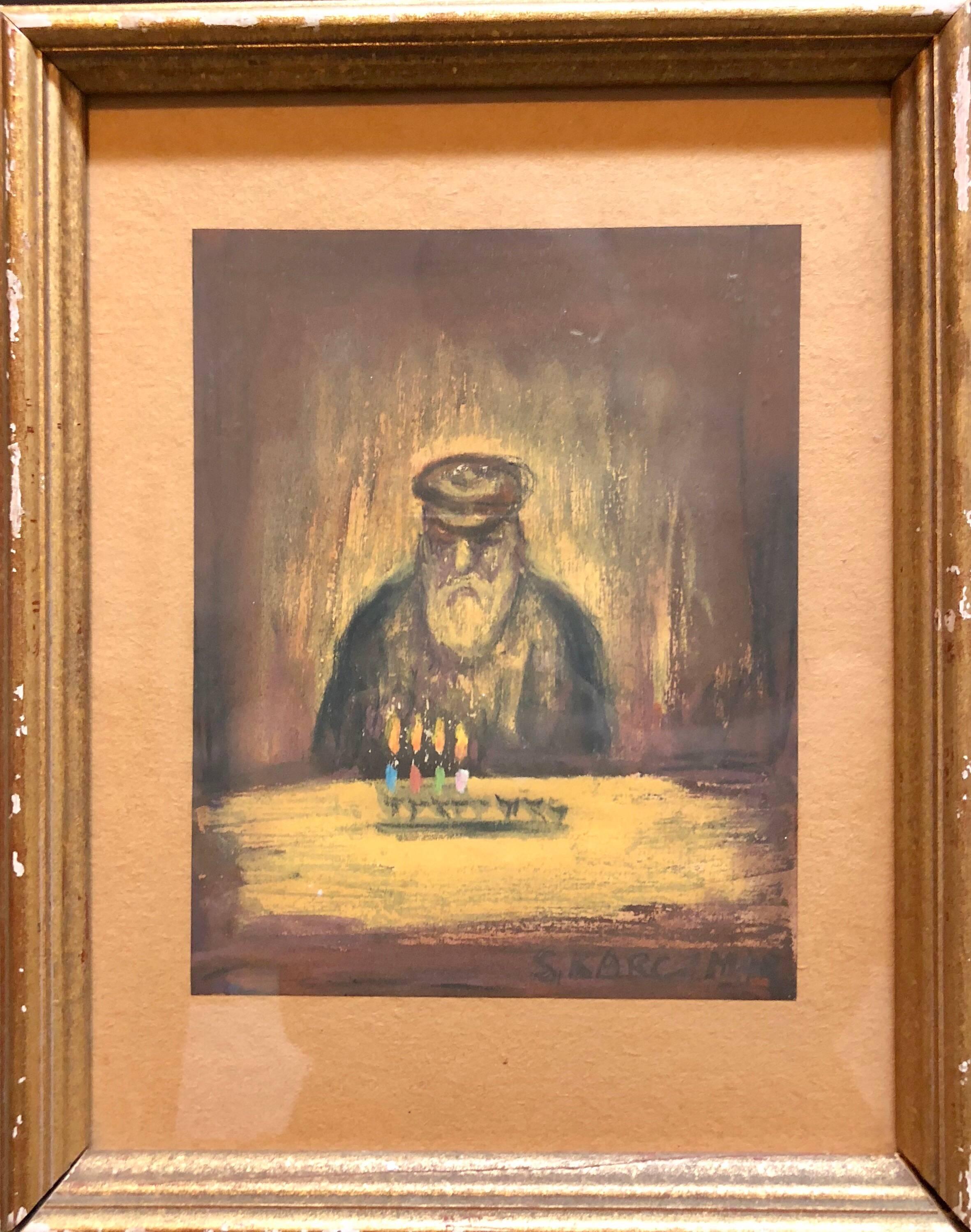 Judaica Pastel Painting Lighting the Chanukah Menorah - Art by Simon Natan Karczmar