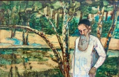 Judaica Meditative Rabbi at Prayer in Nature, Large Landscape Oil Painting