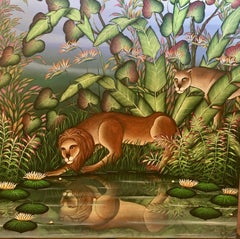 Vintage "Narcissus" Lion and Lioness Tropical Jungle Painting Gustavo Novoa Lions
