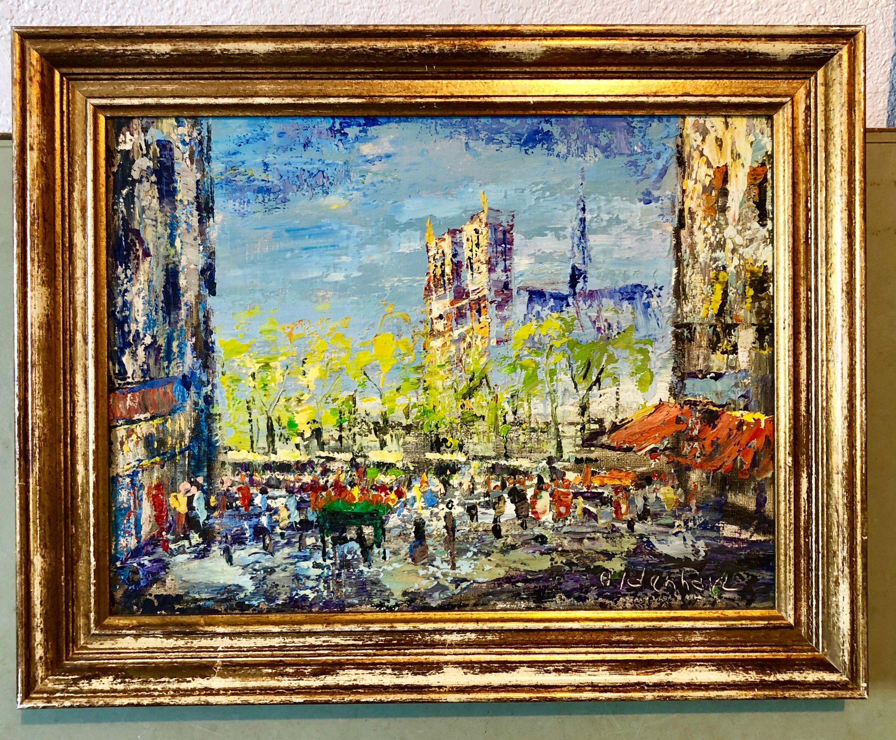 Impressionist Cityscape, Oil Painting Dutch Artist, Paris Landscape Scene - Brown Landscape Painting by Arnoldus Oldenhave