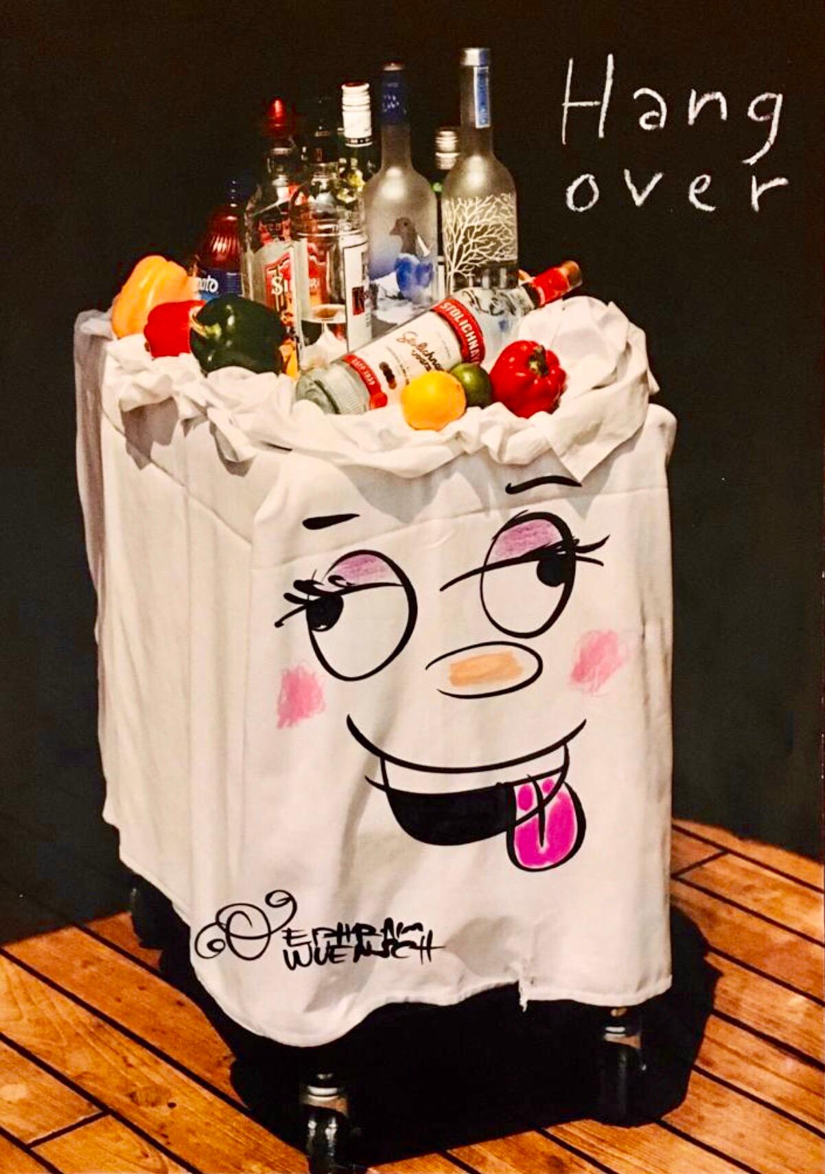 Ephraim Wuensch Figurative Art - Mixed Media "Hangover" Vodka Bar Cart Pop Art Drawing NYC Street Art