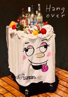Mixed Media "Hangover" Vodka Bar Cart Pop Art Drawing NYC Street Art