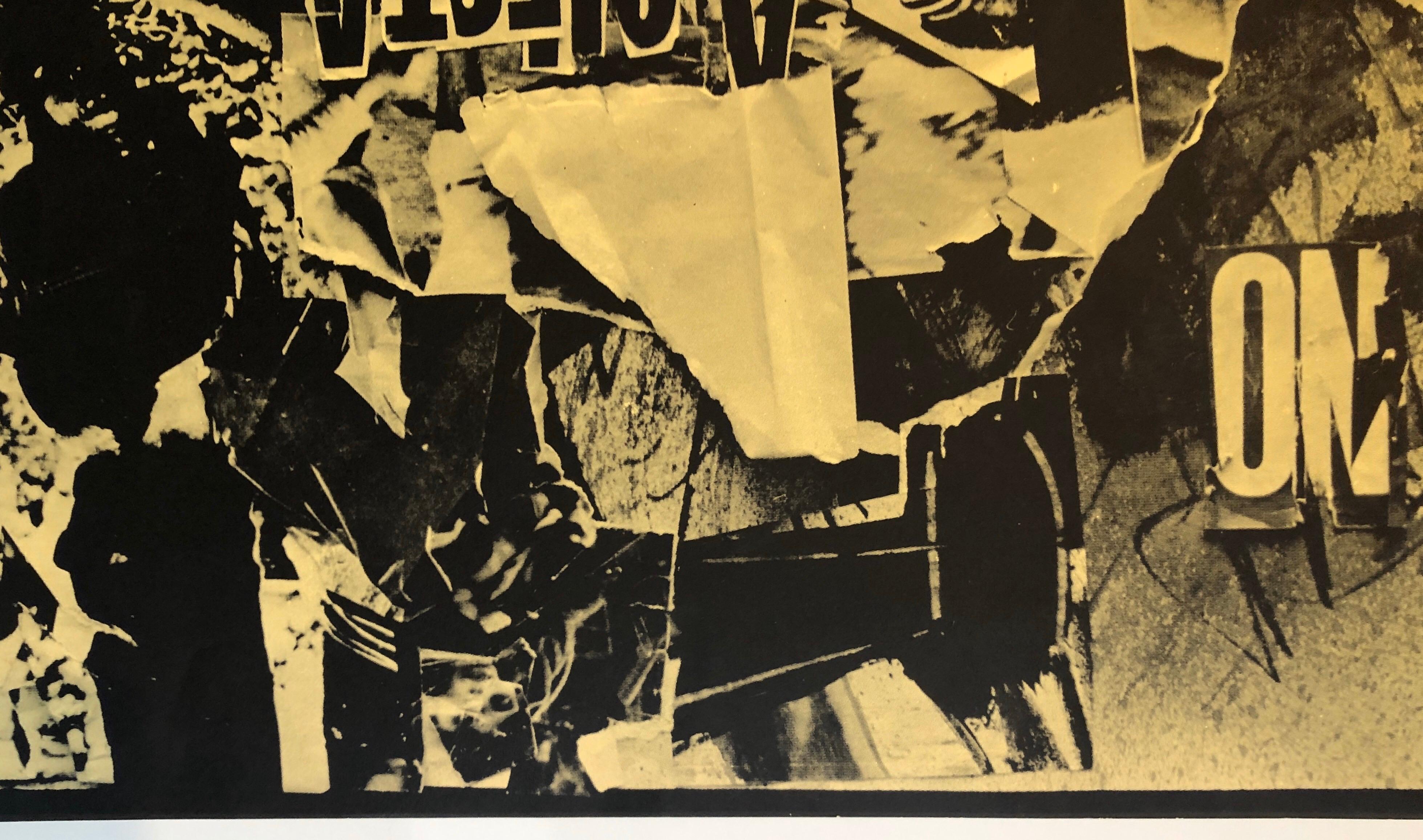 Emilio Vedova (b.1919, Venice Italy) Screenprint lithograph. Offset lithograph in black and yellow on wove paper.
Artist signed in marker across back back,
Screenprint newspaper collage of political events around 1968 uprisings.

Emilio Vedova (9