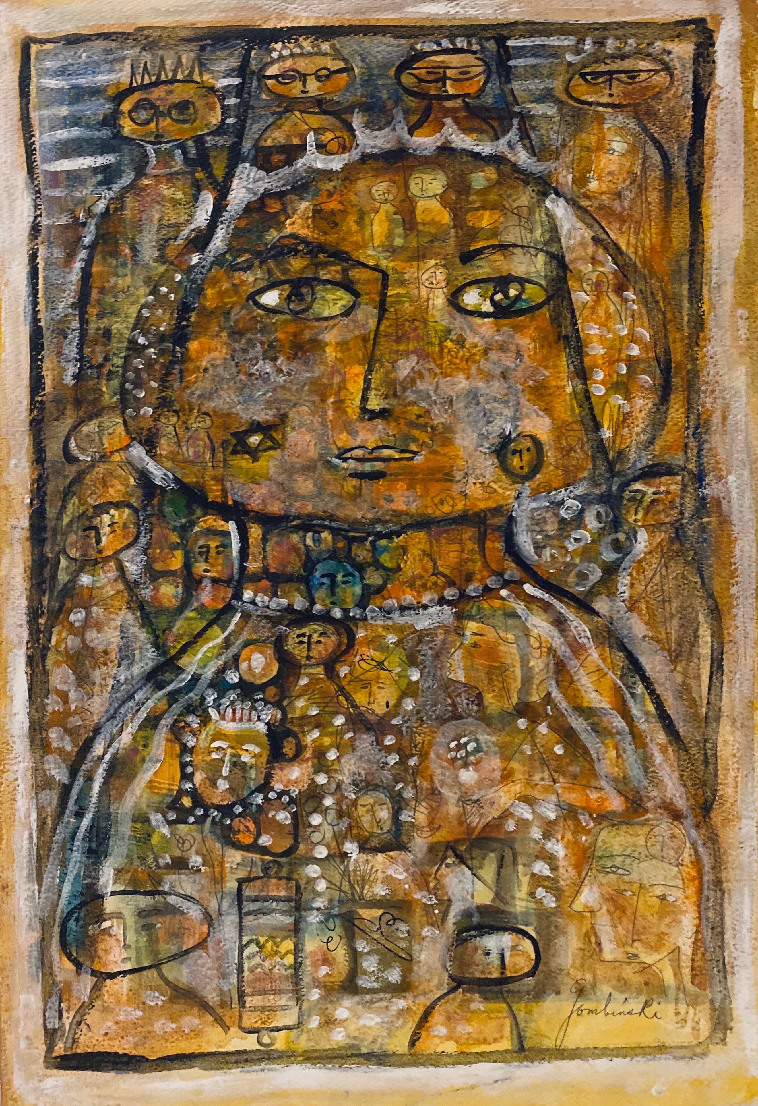 Rita Gombinski Figurative Art - Mixed Media Drawing and Painting Abstract Mod Colorful Faces Jewish Woman Artist