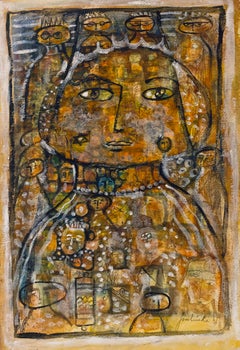 Vintage Mixed Media Drawing and Painting Abstract Mod Colorful Faces Jewish Woman Artist