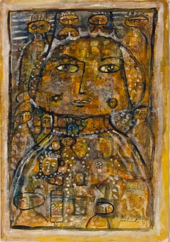 Dessins et peintures en techniques mixtes abstraits:: visages colorés modernes:: artiste juive