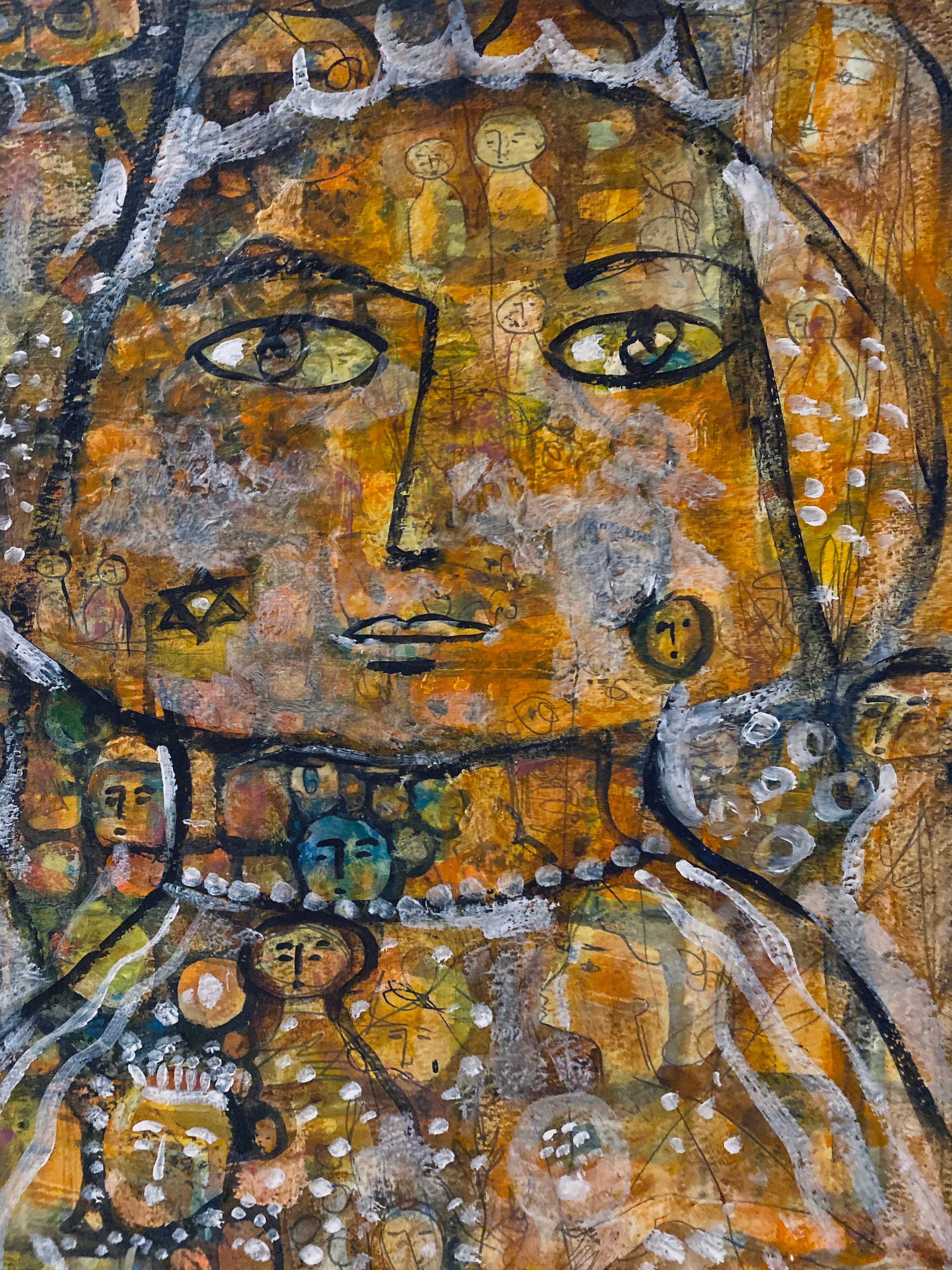 Mixed Media Drawing and Painting Abstract Mod Colorful Faces Jewish Woman Artist - Brown Figurative Art by Rita Gombinski