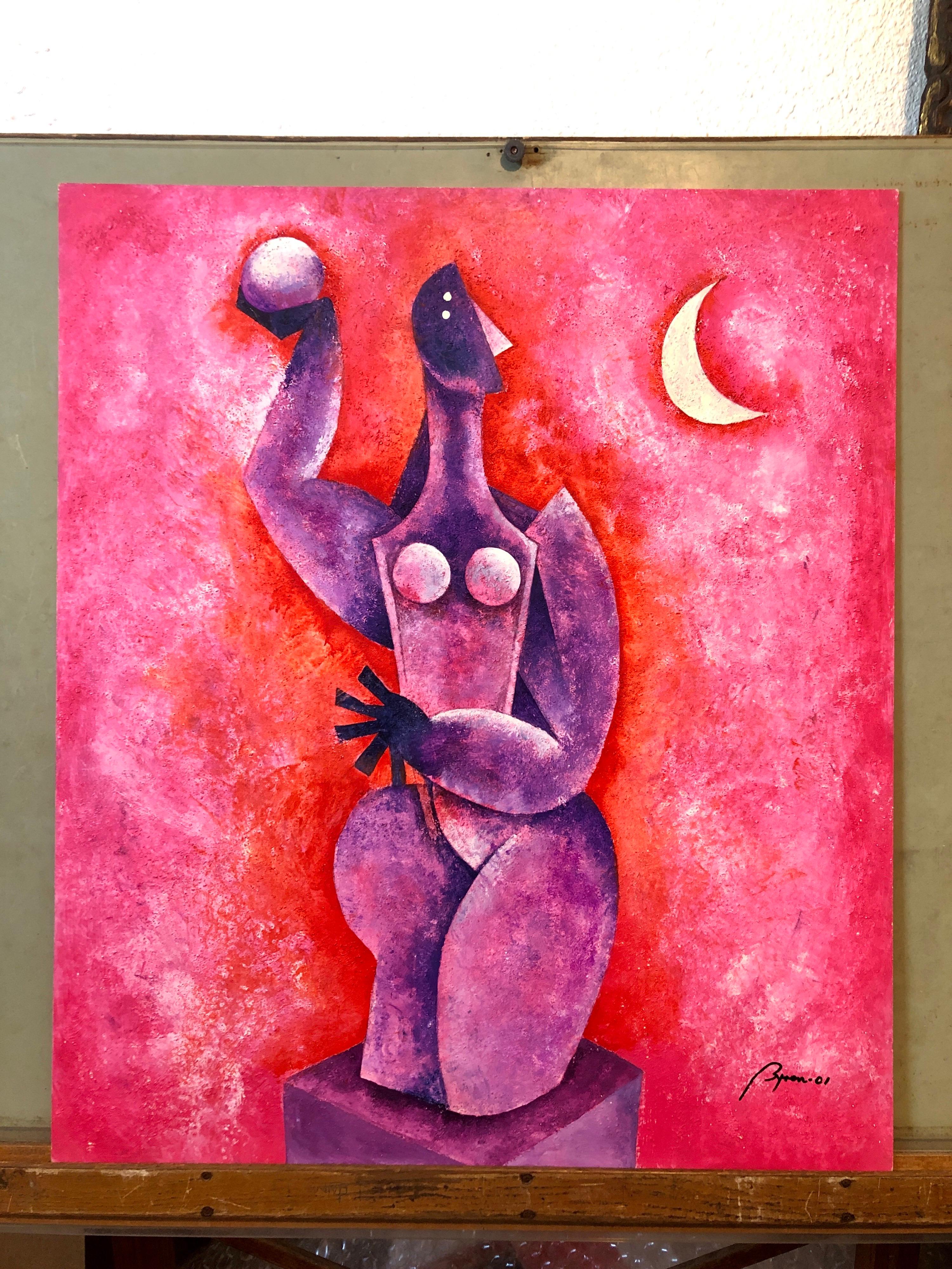 Untitled, Cubist Nude, 2001 Latin American Textured Painting - Pink Nude Painting by Byron Gálvez