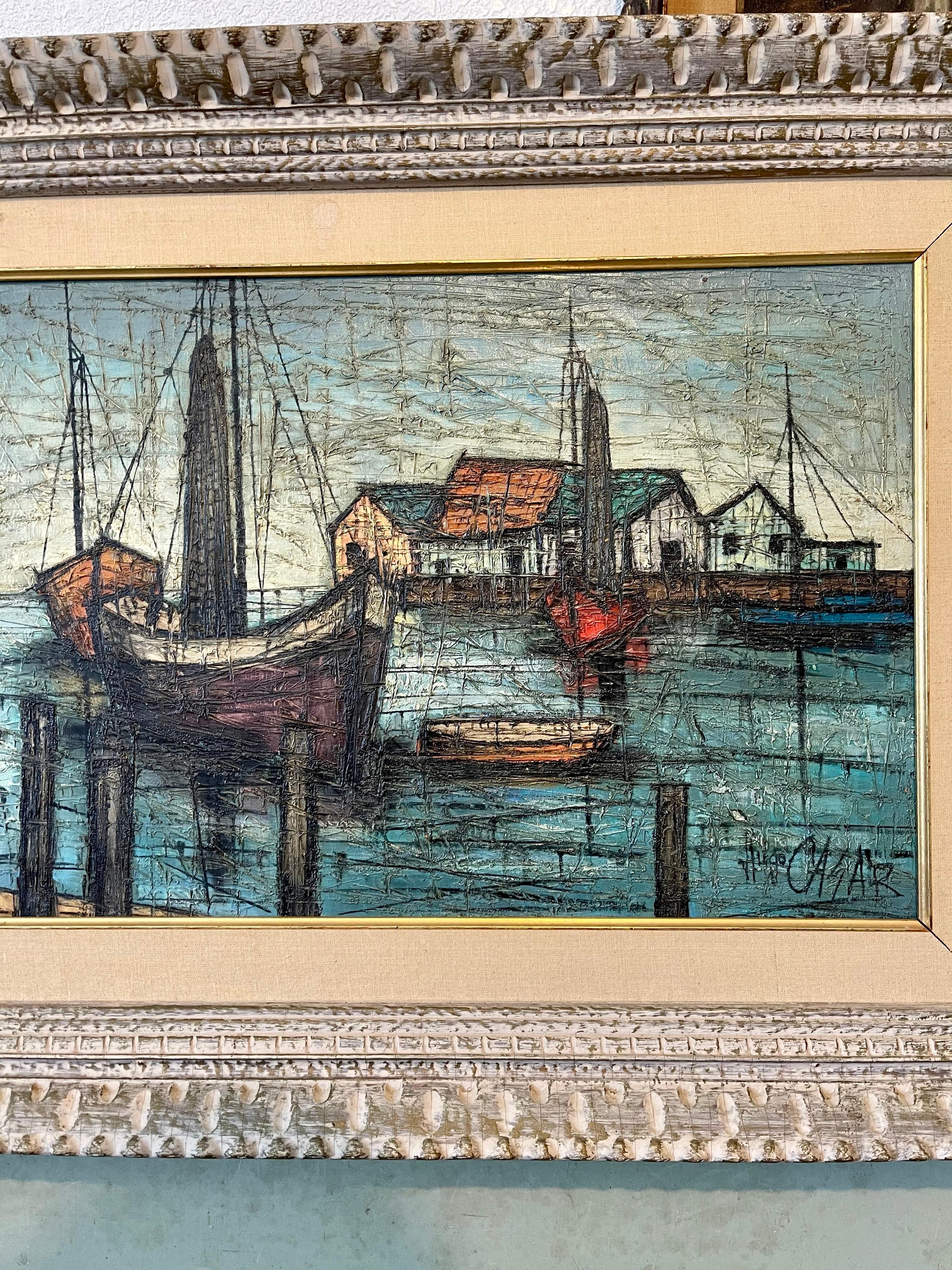 Modernist Oil Painting Boats in the Harbor 1