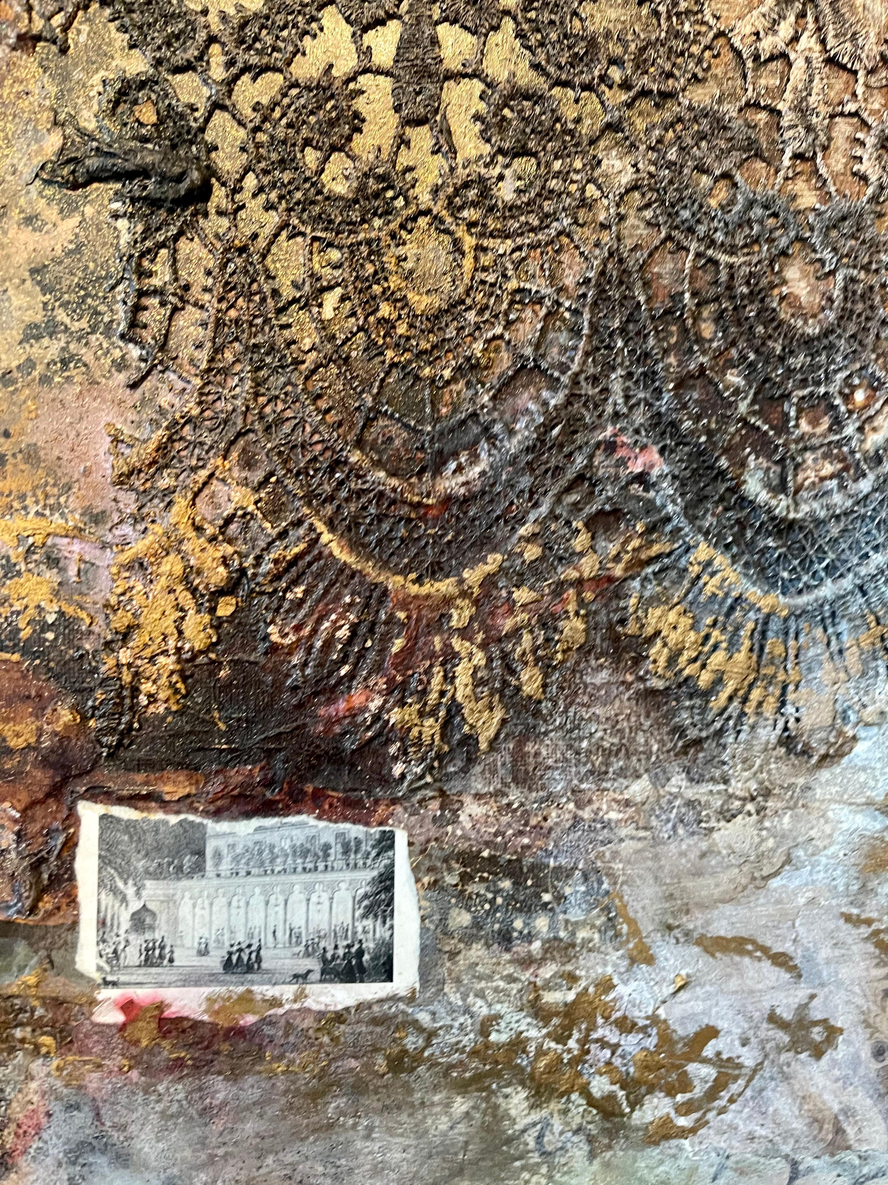 French Collage Assemblage Painting Lace and Music Notes Abstract Composition - Gray Abstract Painting by Nissan Engel