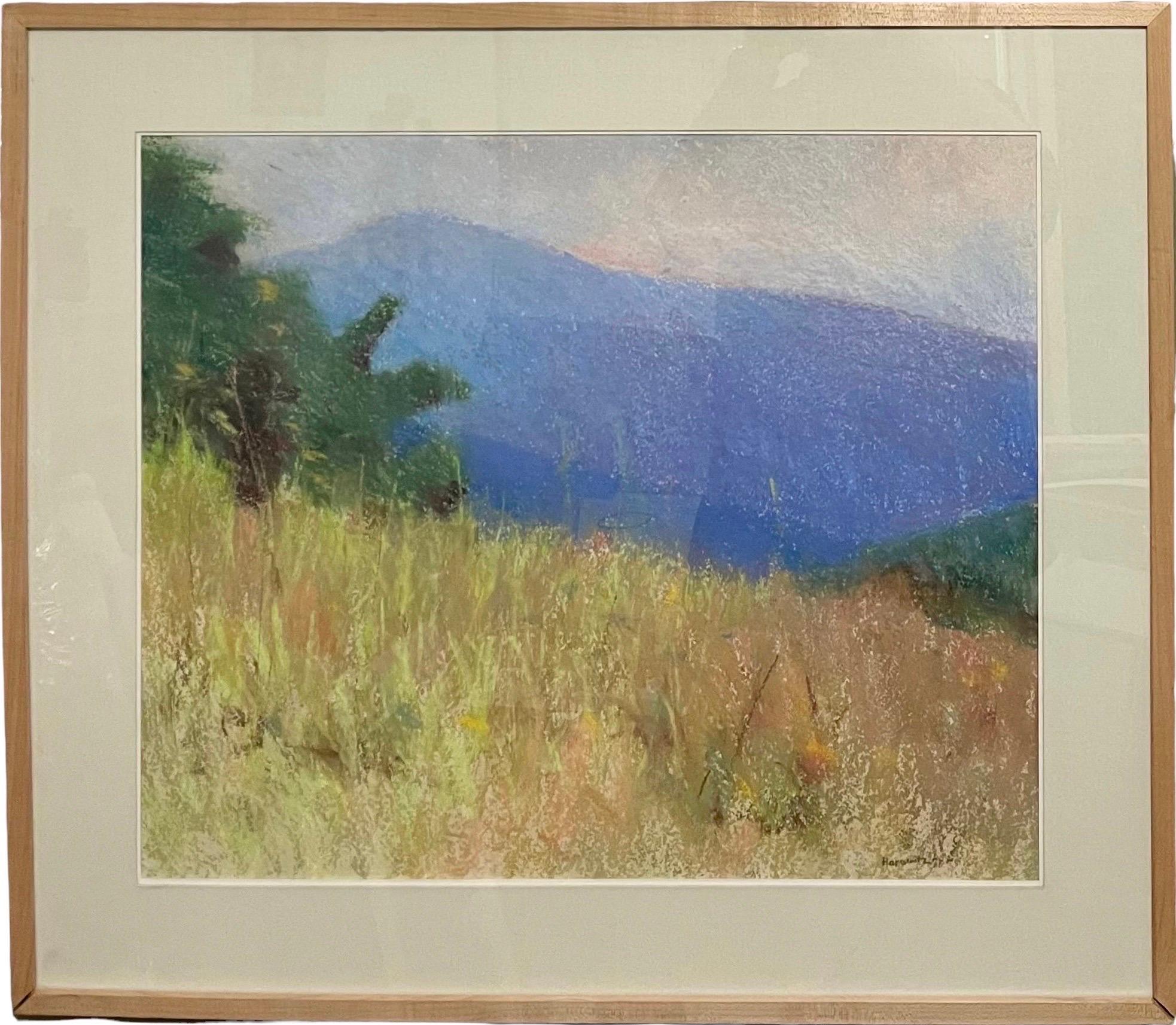 Große pastellfarbene Landschaft mit lila Bergen, Landschaft, amerikanisches modernistisches Gemälde im Angebot 11