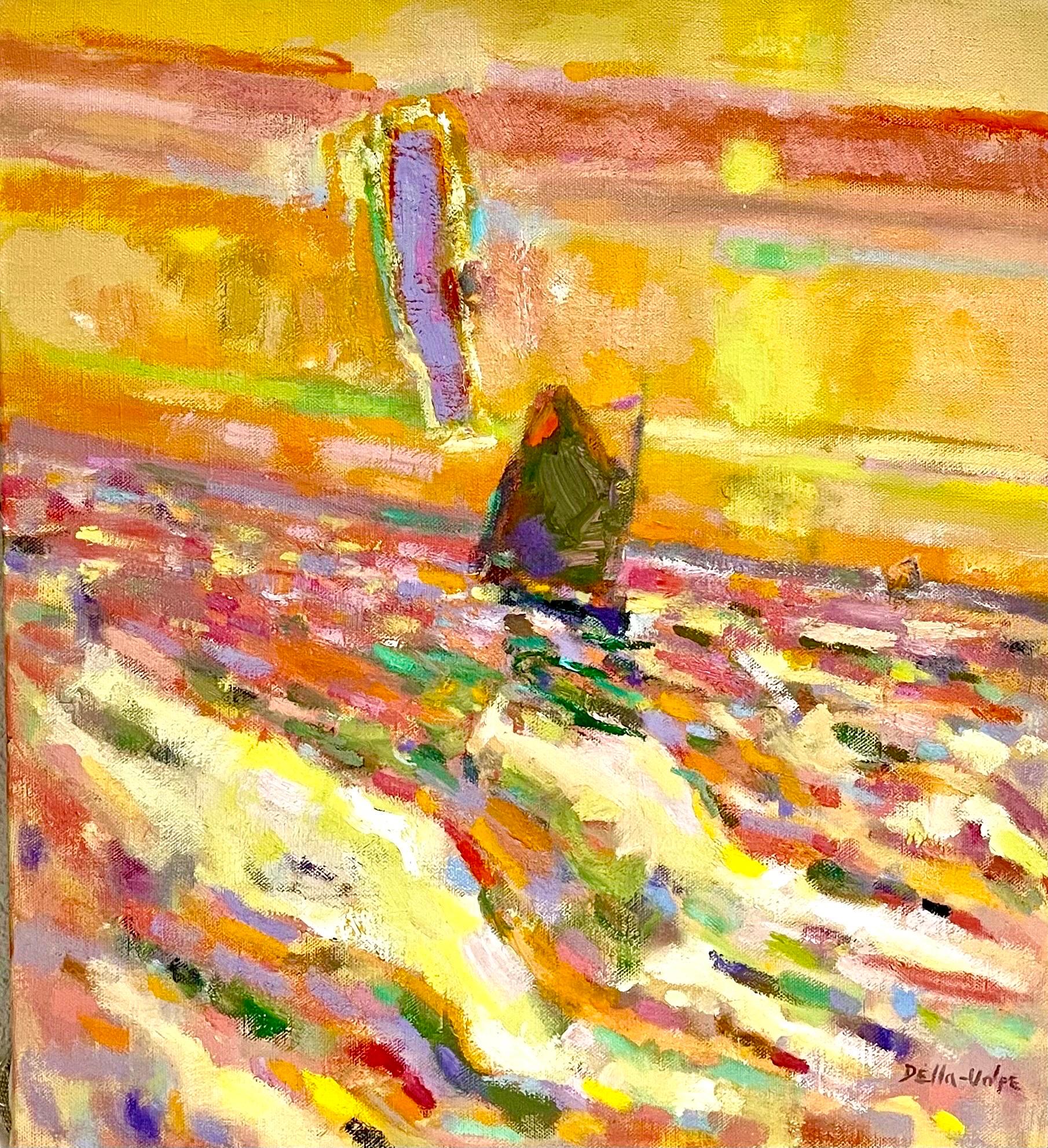 Modernist Abstract Oil Painting Marine Seascape Sunset w Boat Ralph Della Volpe