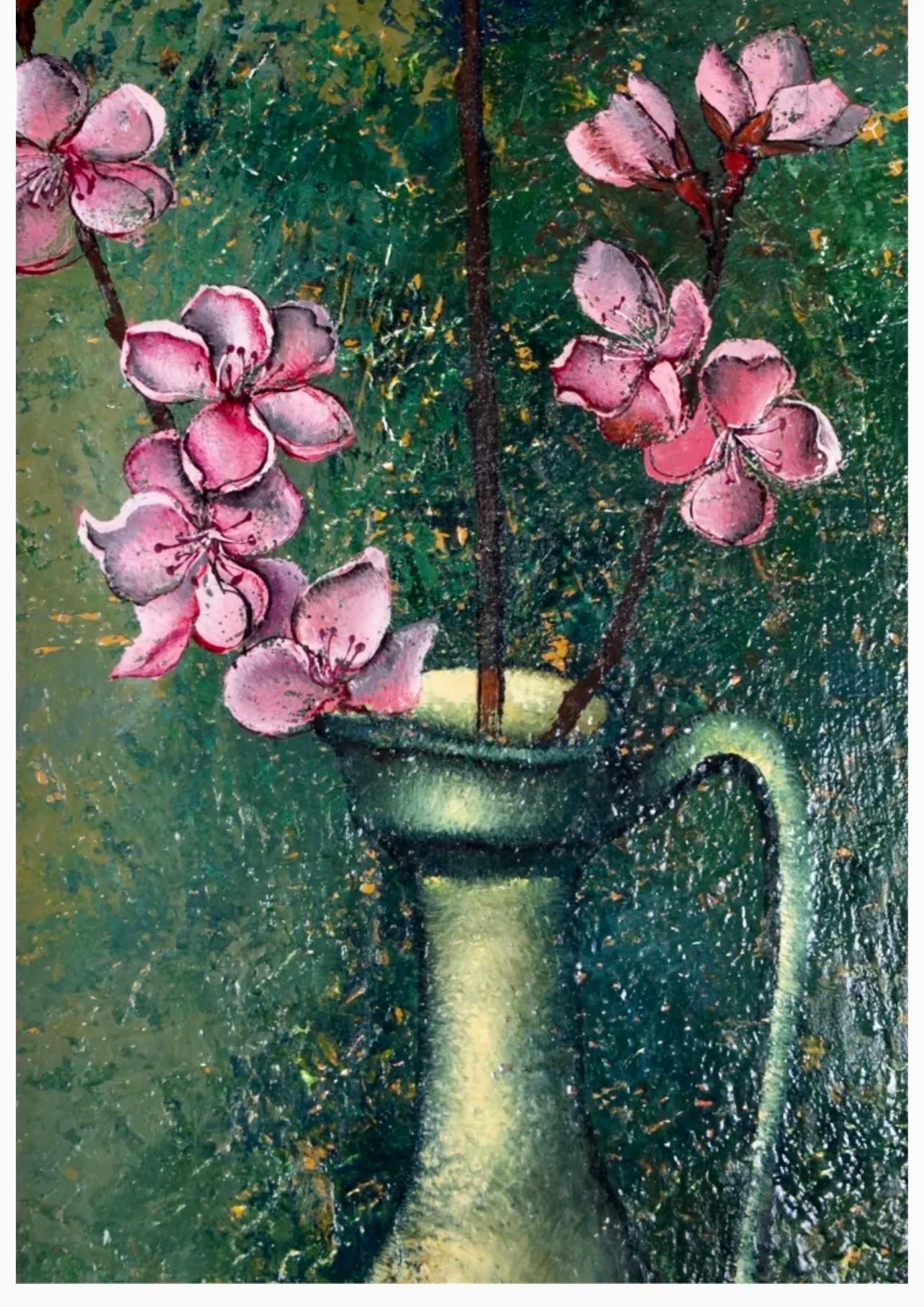 Peinture à l'huile surréaliste française Pierre Henry, fleurs colorées surréalistes dans un vase  en vente 1