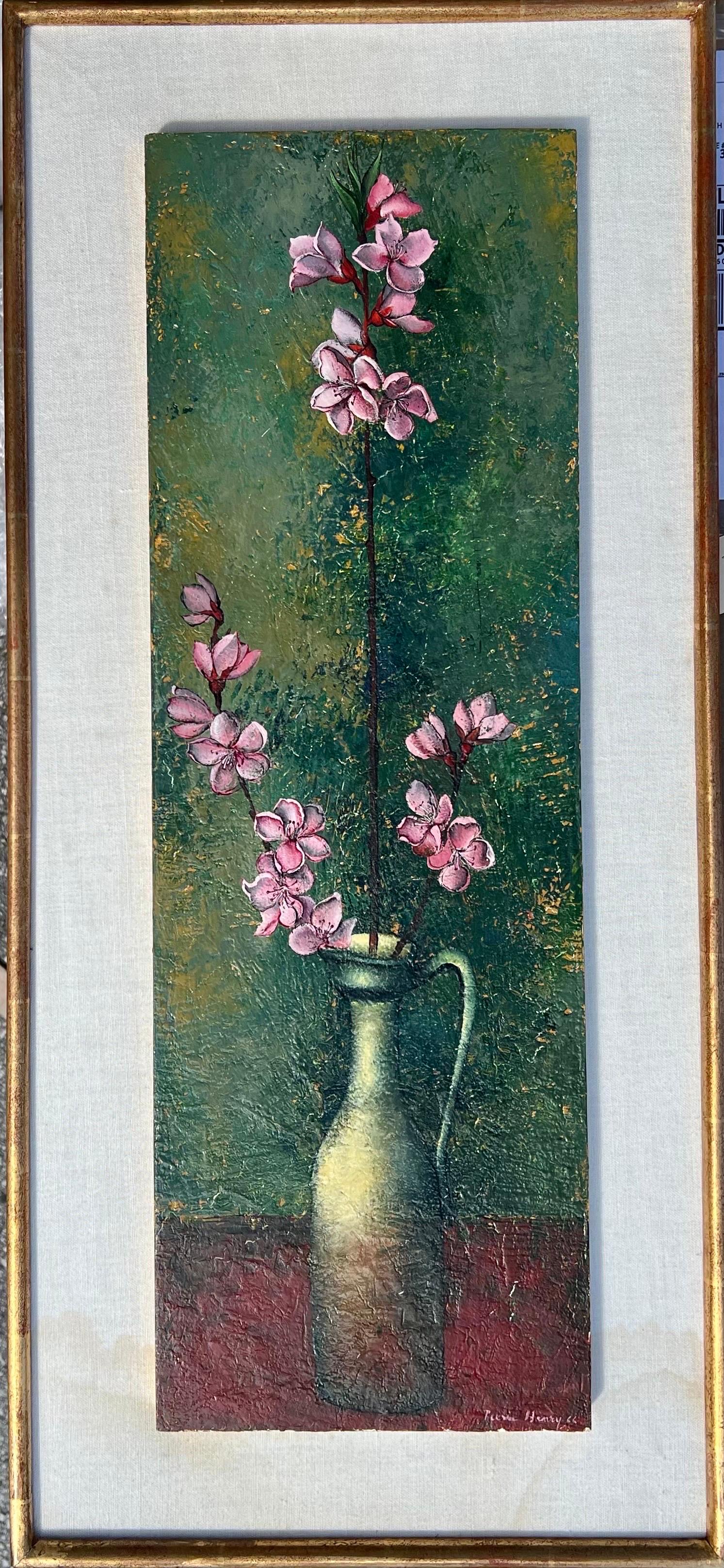 French Surrealism Oil Painting Pierre Henry Surrealist Color Flowers in Vase  For Sale 5