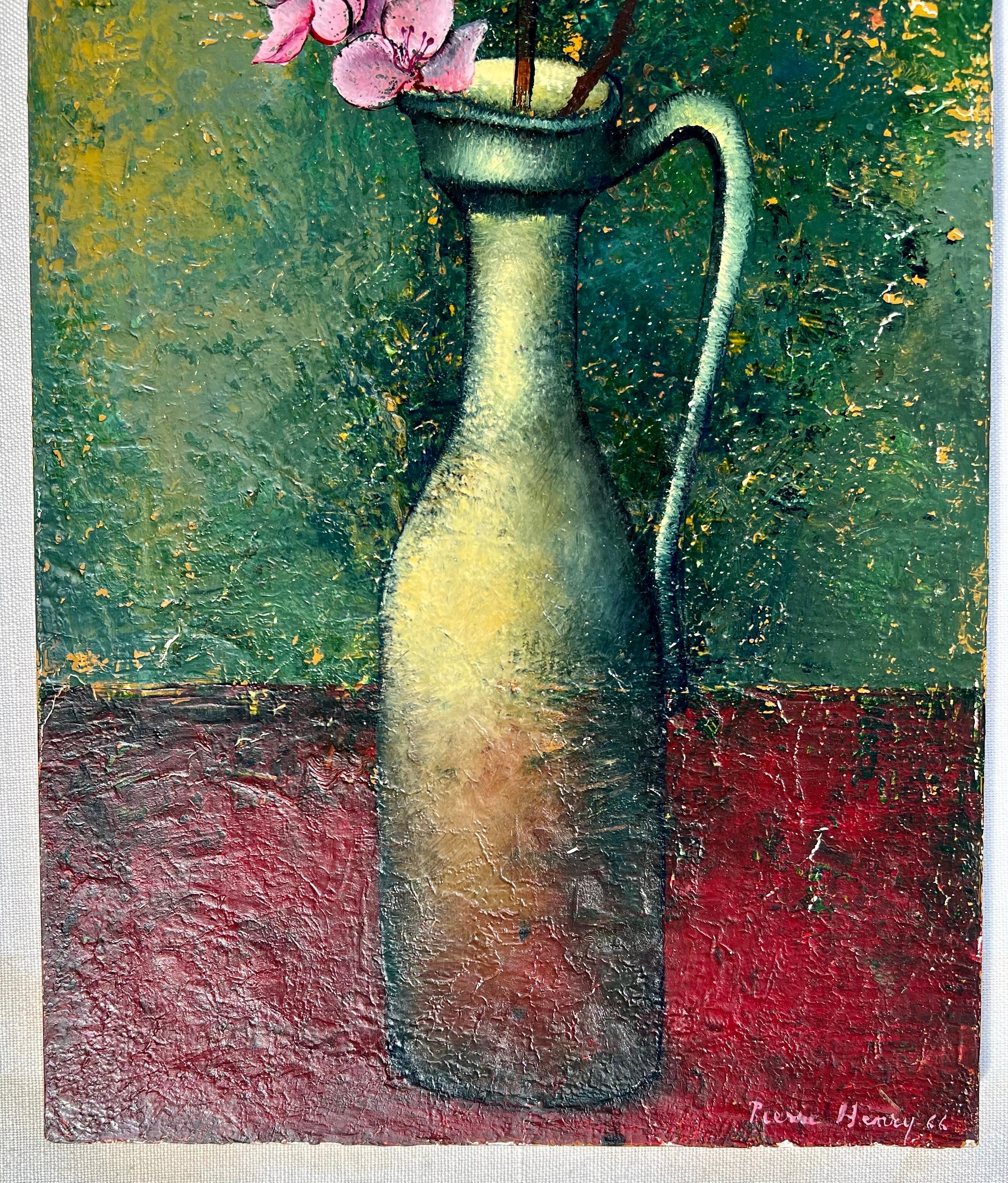 French Surrealism Oil Painting Pierre Henry Surrealist Color Flowers in Vase  For Sale 7