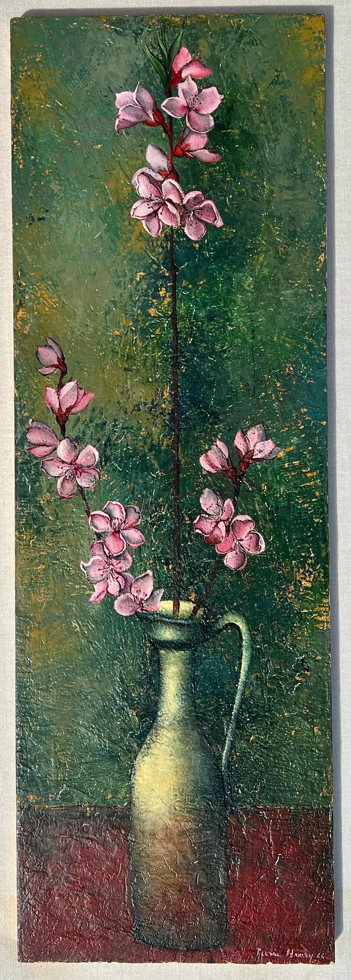 French Surrealism Oil Painting Pierre Henry Surrealist Color Flowers in Vase  For Sale 8