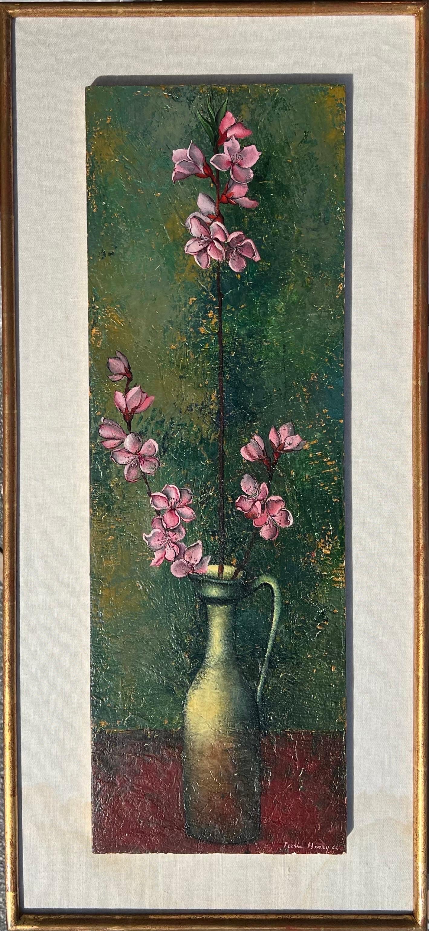 French Surrealism Oil Painting Pierre Henry Surrealist Color Flowers in Vase  For Sale 10