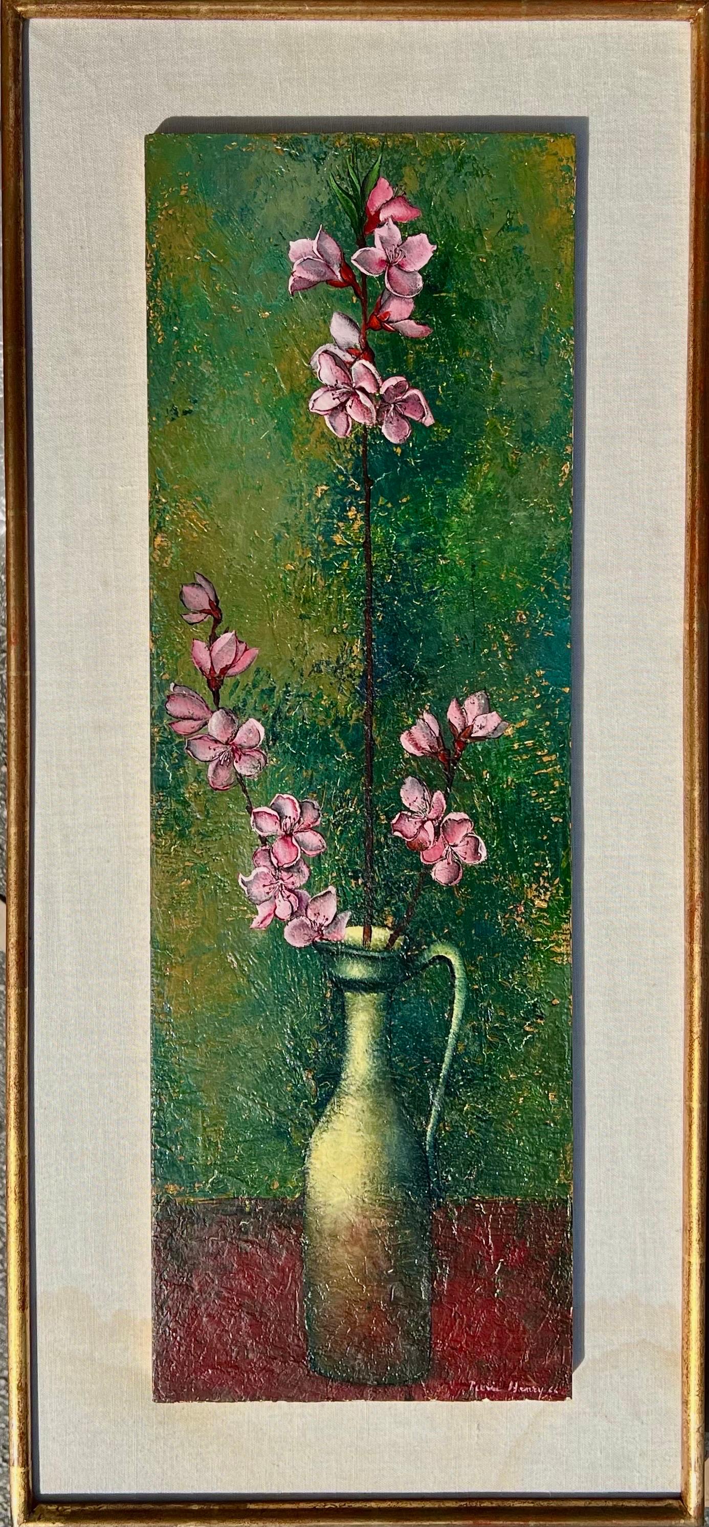 Peinture à l'huile surréaliste française Pierre Henry, fleurs colorées surréalistes dans un vase  en vente 11