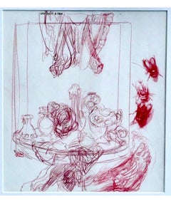 Boston Expressionist Conte Pencil Drawing "Still Life with Flies" Hyman Bloom