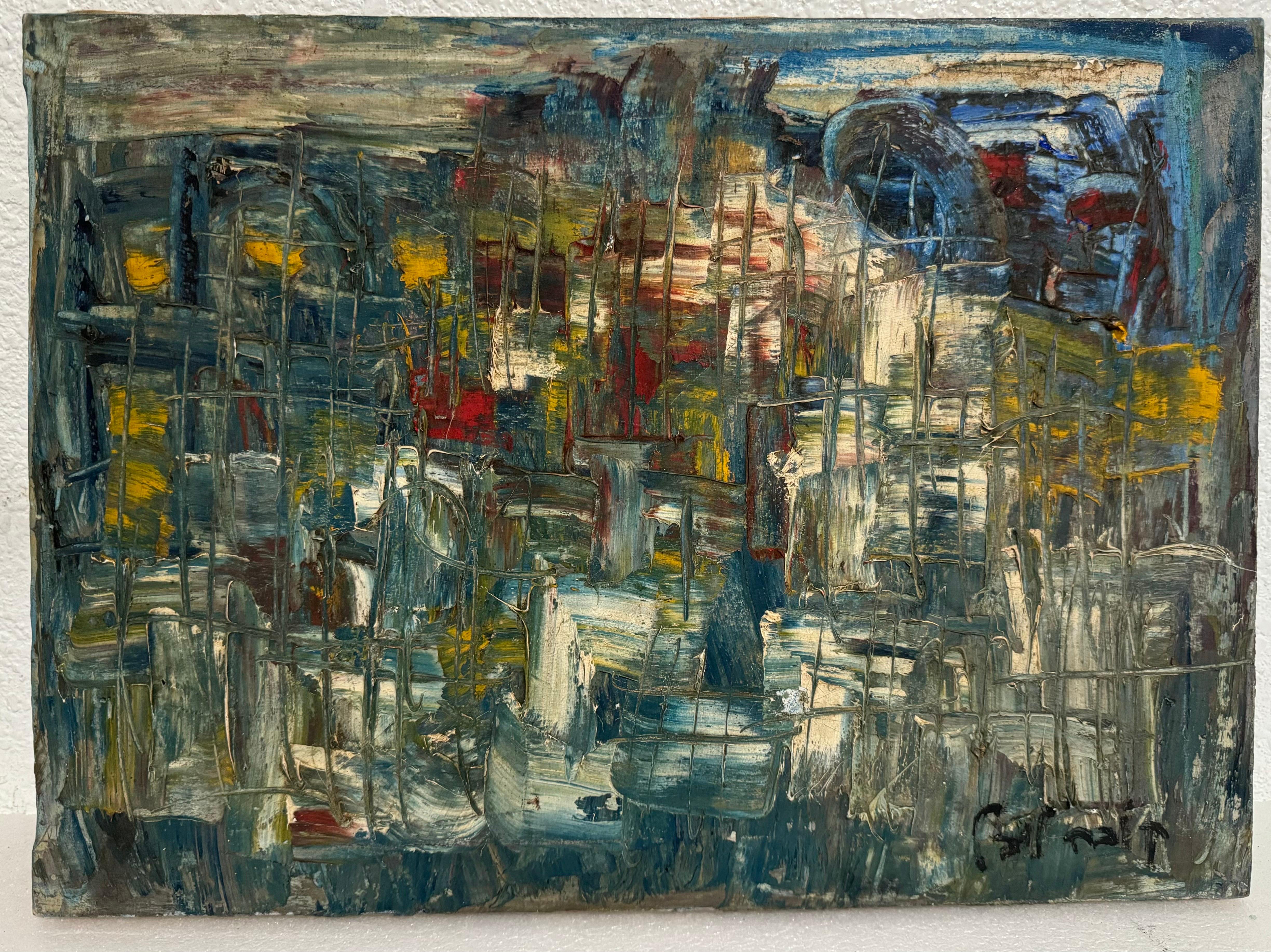 Israeli Cityscape Abstract Expressionist Oil Painting Yaacov Kuba Leibel - Gray Abstract Painting by Yaakov Loebel