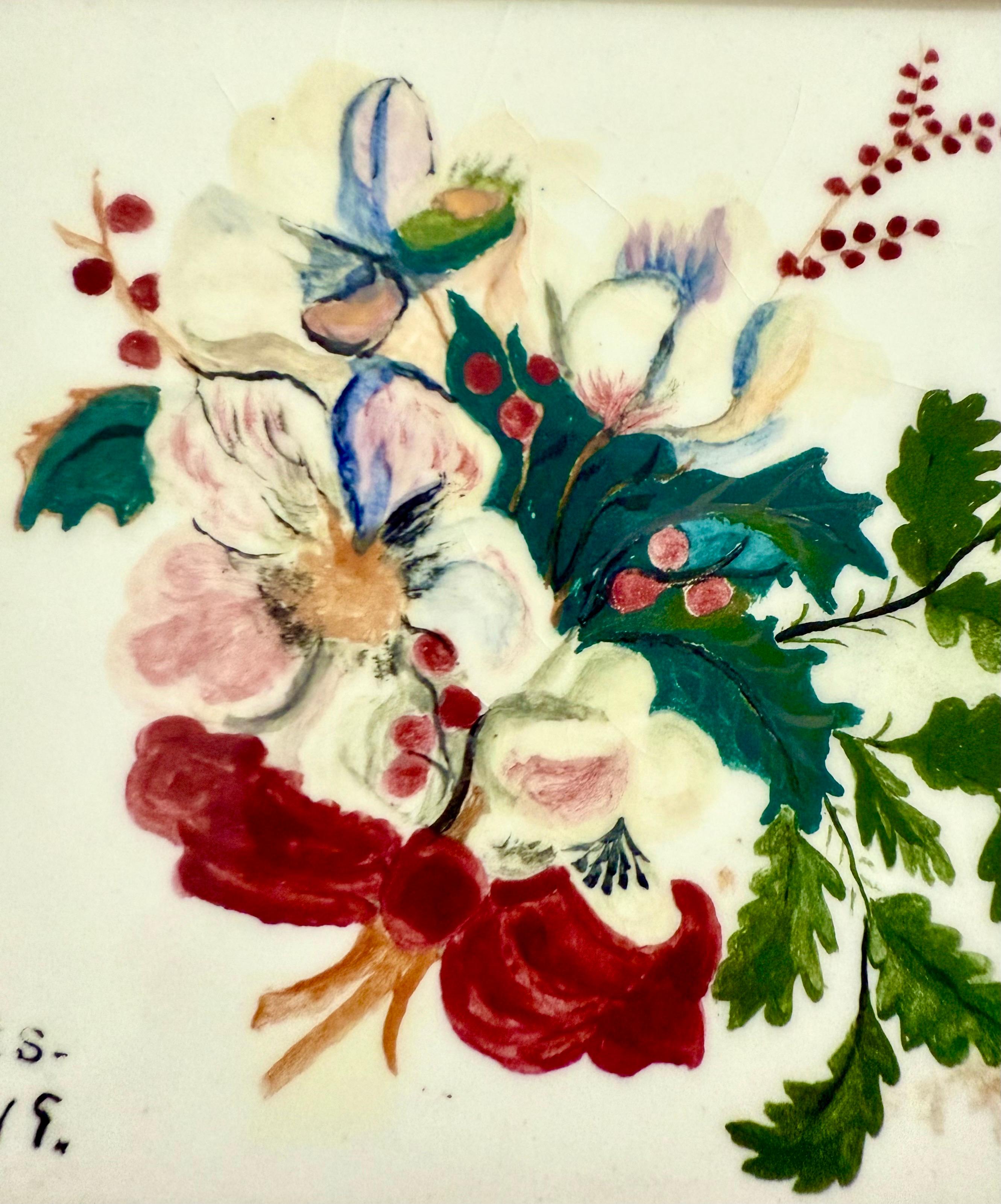 Original 1949 Painted Ceramic Tile Flowers Hand Painting Grandma Moses Folk Art For Sale 2