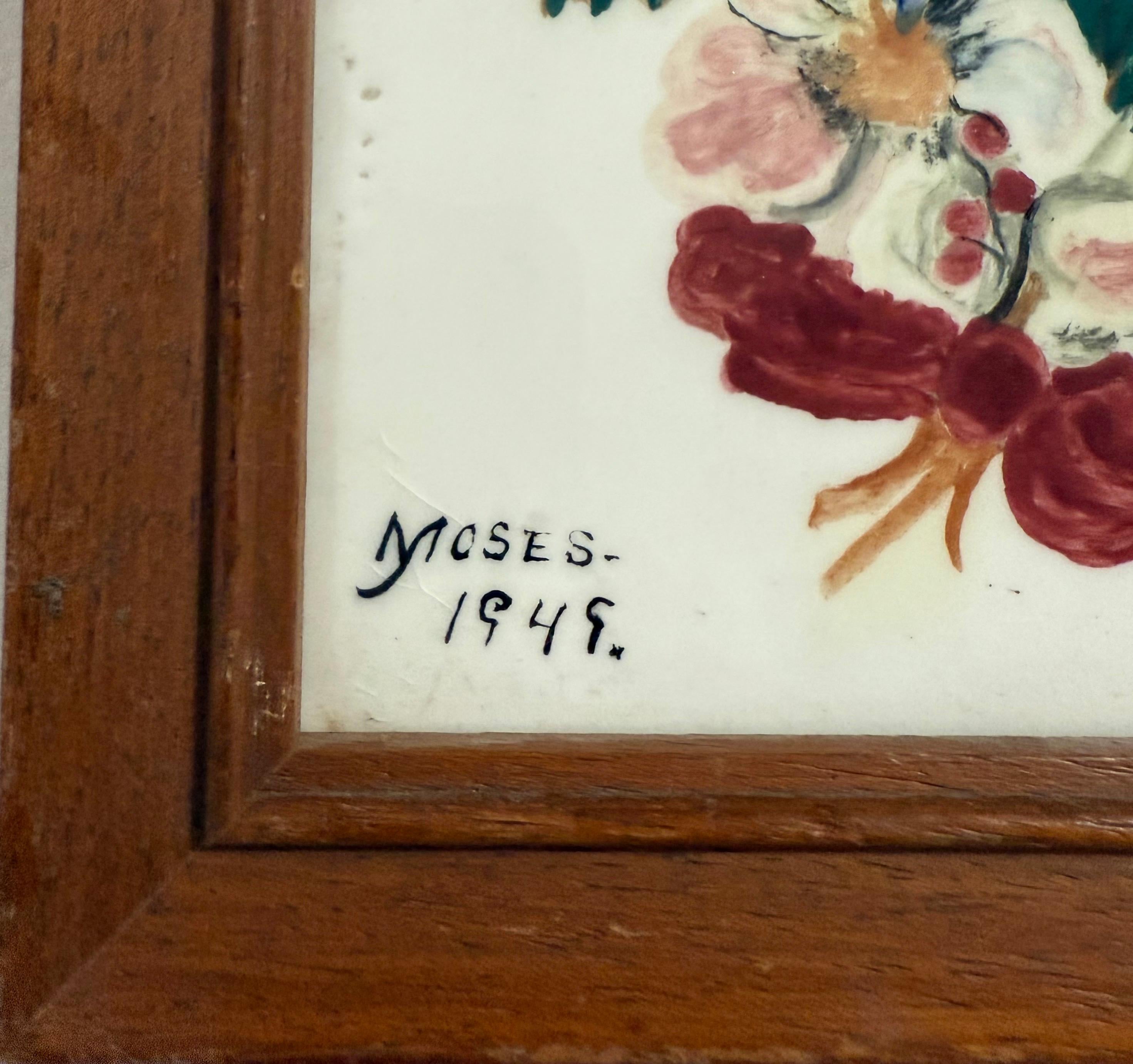 Original 1949 Painted Ceramic Tile Flowers Hand Painting Grandma Moses Folk Art For Sale 3