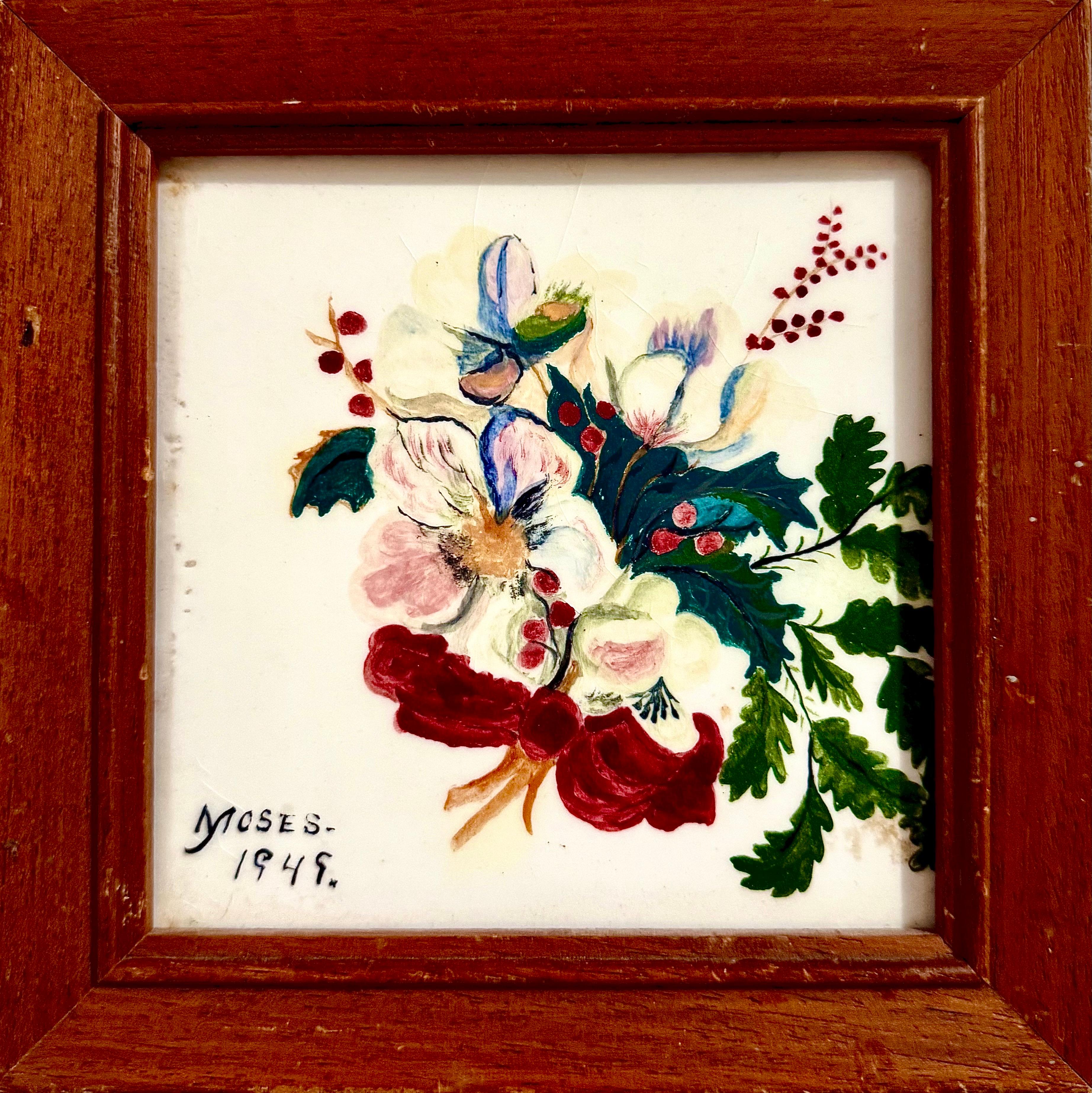 Original 1949 Painted Ceramic Tile Flowers Hand Painting Grandma Moses Folk Art For Sale 1