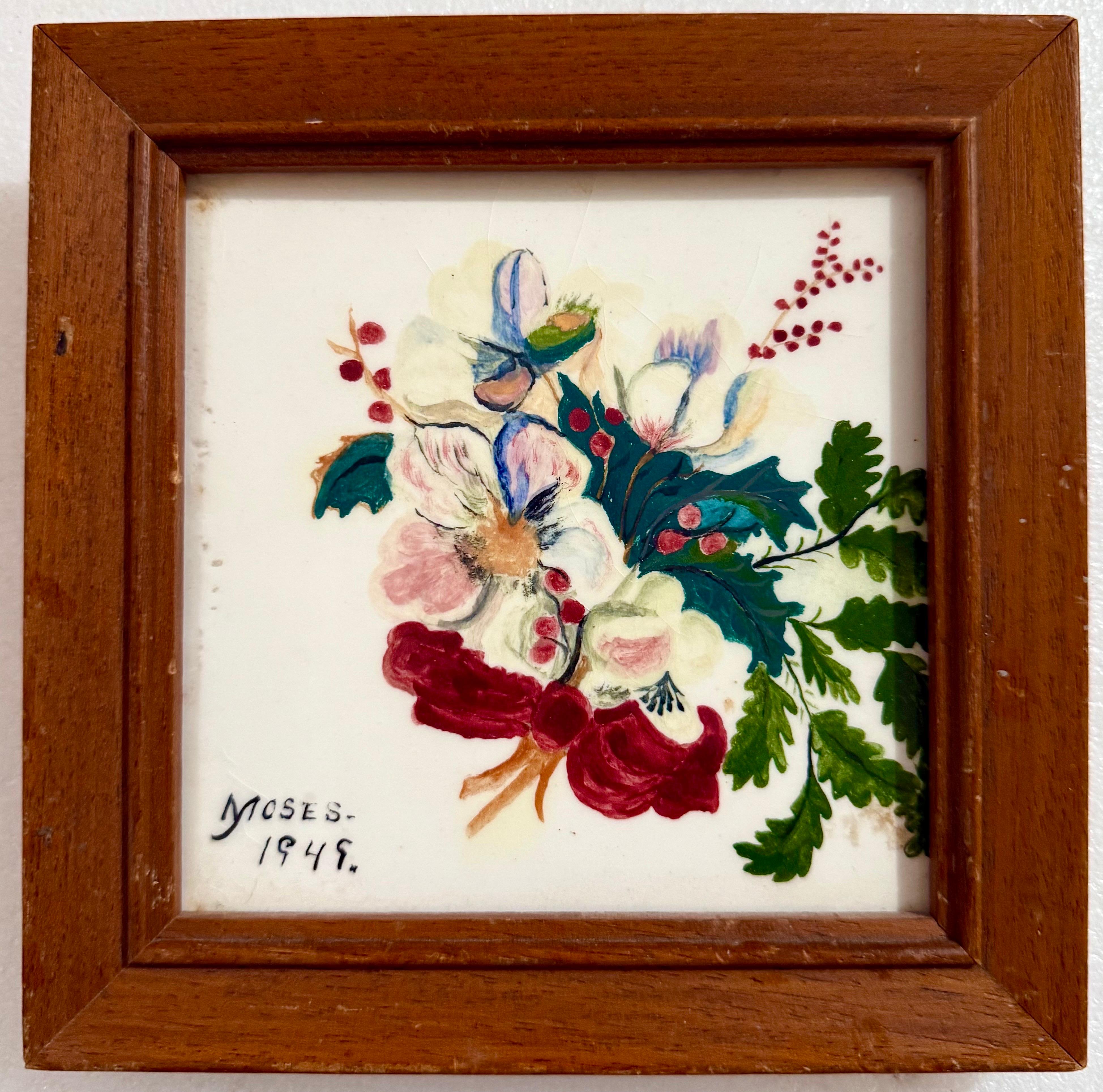 Original 1949 Painted Ceramic Tile Flowers Hand Painting Grandma Moses Folk Art For Sale 19