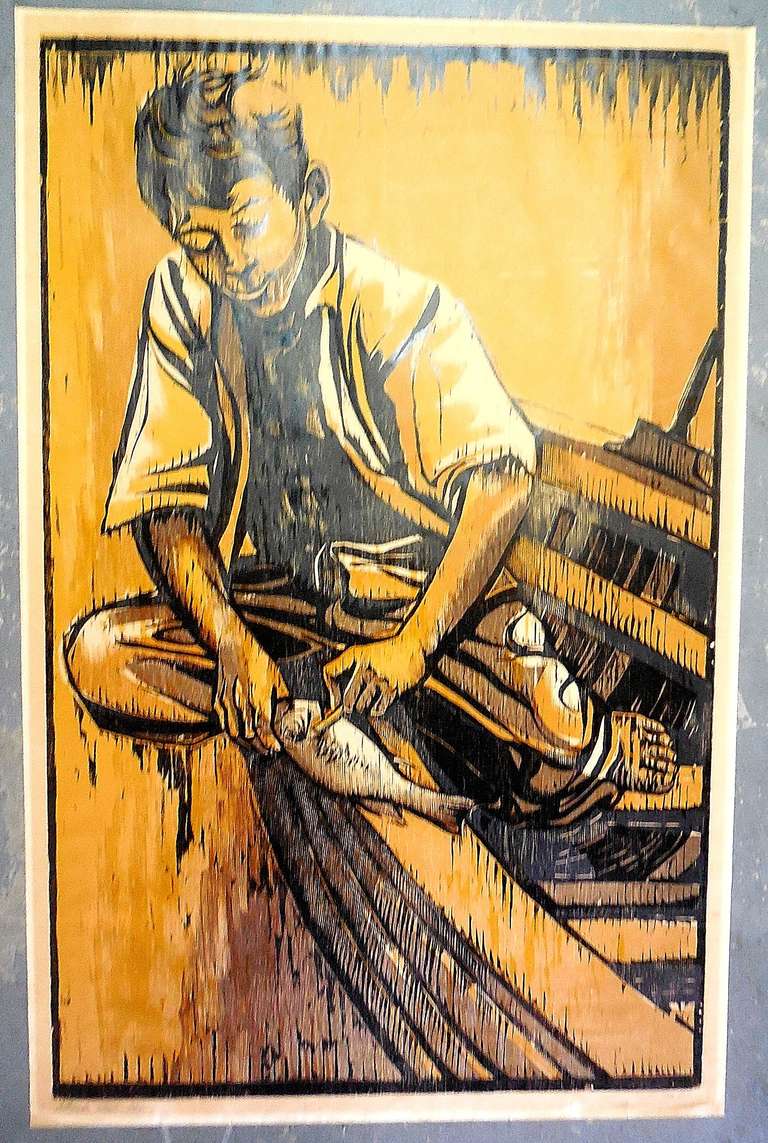 Moshe Gat Figurative Print - Fisherman, large Woodcut