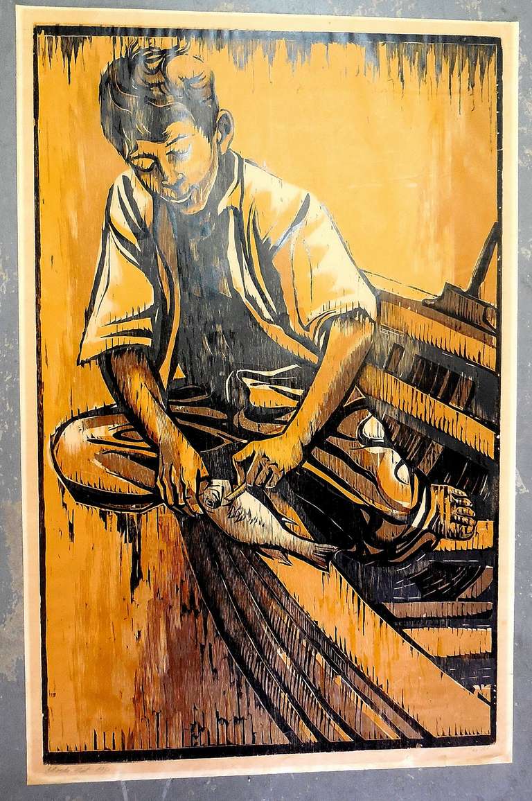 Fisherman, large Woodcut - Print by Moshe Gat