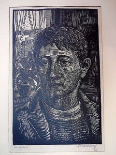 WPA Expressionist woodblock print. "The Worker"