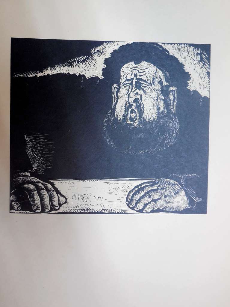 Arthur Kolnik Figurative Print - Expressionist Rabbi at study