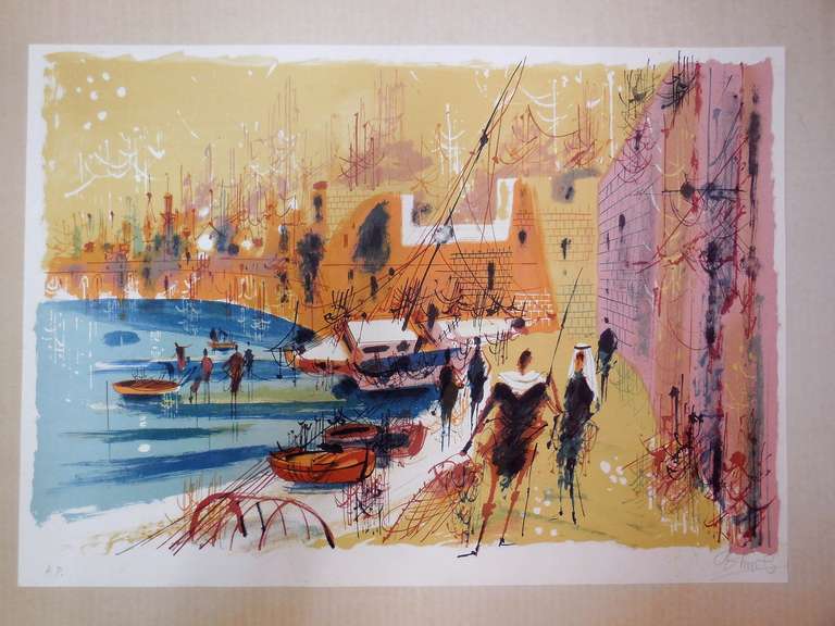 Port of Old Jaffa, Tel Aviv Lithograph - Modern Print by Shmuel Katz