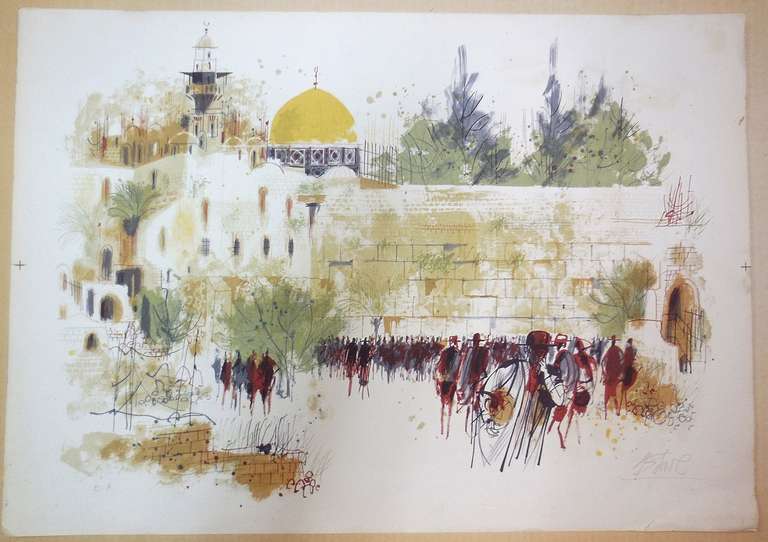 Shmuel Katz Landscape Print - "the Western Wall, Old City of Jerusalem" lithograph