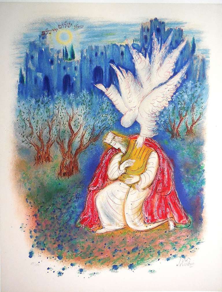 Reuven Rubin Figurative Print - King David "pray for the peace of Jerusalem" Lithograph
