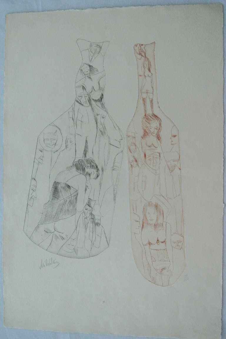 Zvi Milshtein Figurative Print - Untitled Surrealist Etching with Bottles and Nudes