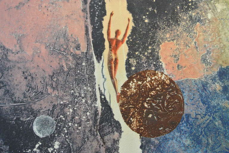 This intaglio mixed media unique monoprint is on heavy hand made paper with beautiful deckled edges on all sides.  it is a Surrealist image with nude figures and planets. This monotype print is in mint condition and has not been framed or