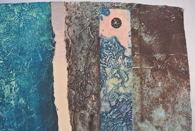 This intaglio mixed media unique monoprint is on heavy hand made paper with beautiful deckled edges on all sides.  it is a Surrealist image with nude figures and planets. This monotype print is in mint condition and has not been framed or