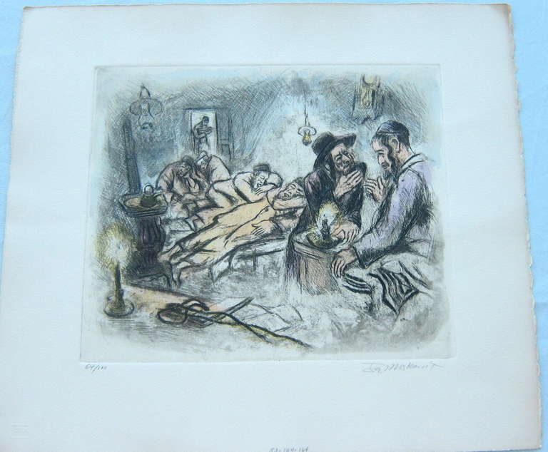 Ira Moskowitz Interior Print - Judaica interior scene etching with hand coloring