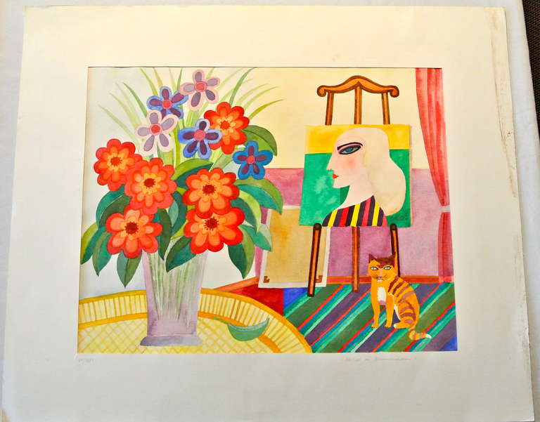 Atelier in Blumen,  Studio with Floral Bouquet and Cat - Art by Hajo Malek